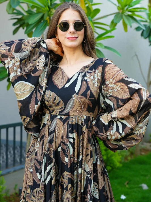 Black Leaf Print Maxi Dress – Elegant Flared Gown with Bell Sleeves for Women