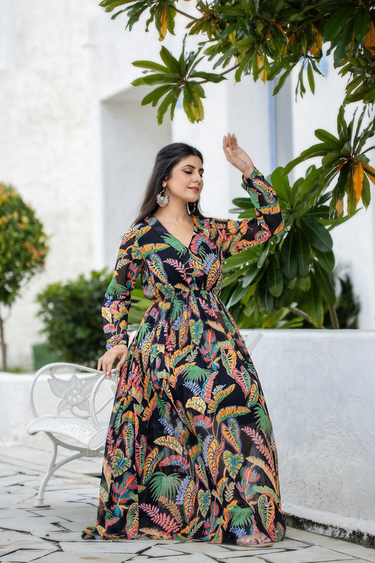 Tropical Leaf Print Long Sleeve Viscose Maxi Gown