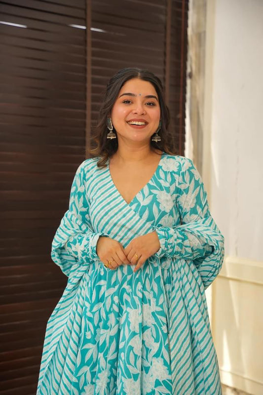 Sky Bluel and White Printed Anarkali Suit with Dupatta