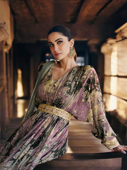 Exquisite Floral Anarkali Gown with Gold Embroidery and Dupatta