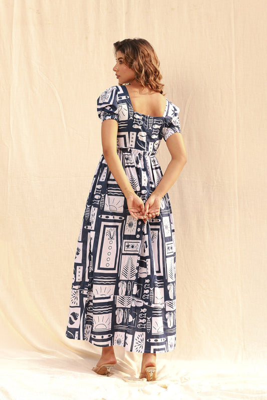 White and Blue Nautical Print Maxi Dress with Puff Sleeves