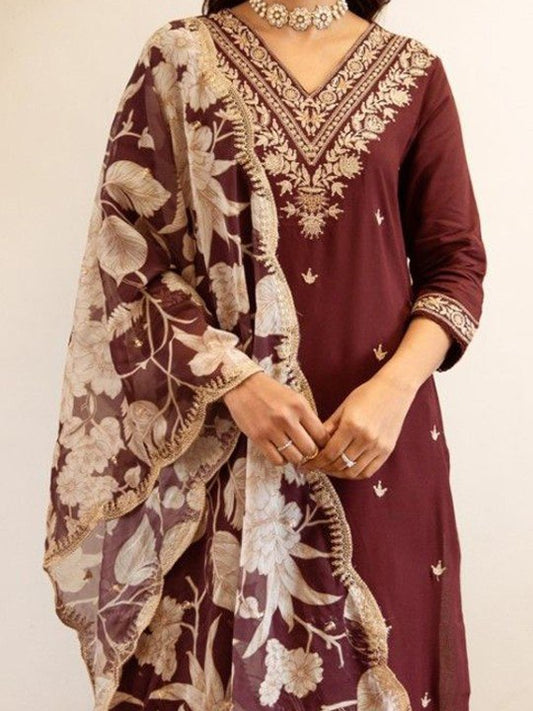 Elegant Burgundy Embroidered Kurta Suit with Floral Dupatta