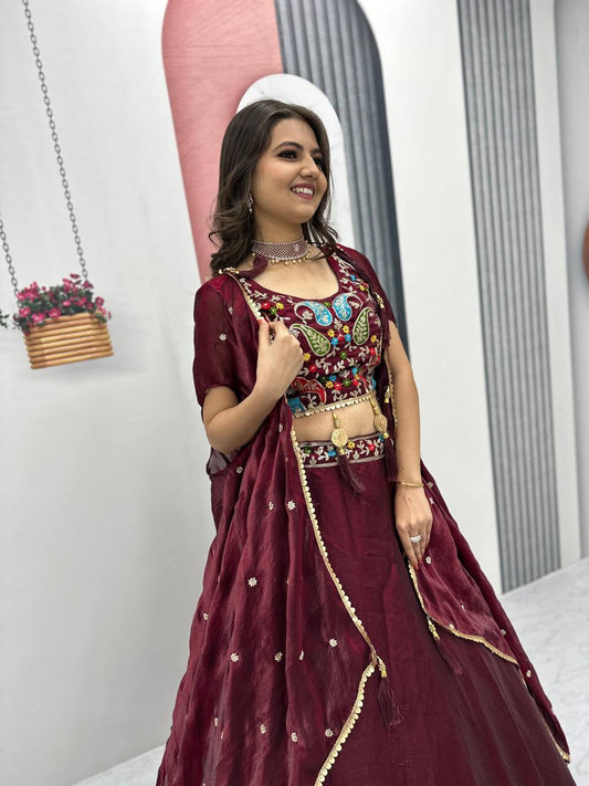 Elegant Maroon Color Embroidered Lehenga Choli with Short Jacket