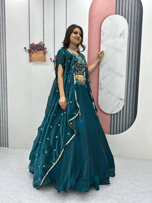Peacock Color Embroidered Lehenga Choli with Matching Cape