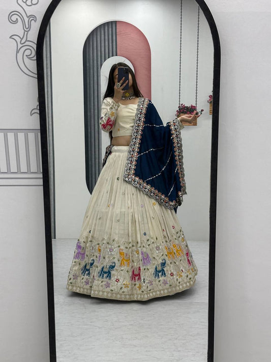 Off-White Lehenga Choli with Colorful Elephant Embroidery and Blue Dupatta