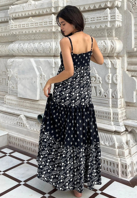 Black and White Floral Print High-Low Maxi Dress