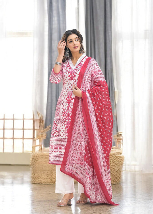 White and Pink Printed Chicken Work Churidar Suit