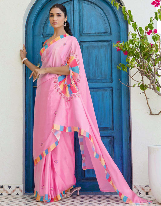 Baby Pink Saree with Multicolor Striped Border and Small Motifs