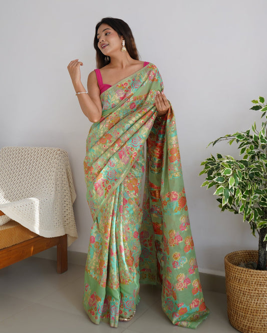 Mint Green Floral Woven Silk Saree with Multicolor Rose Motifs – Elegant Festive & Daytime Wear Saree