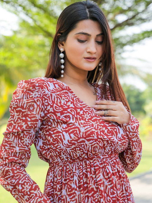 Red and White Abstract Print Long Sleeve Viscose Maxi Dress