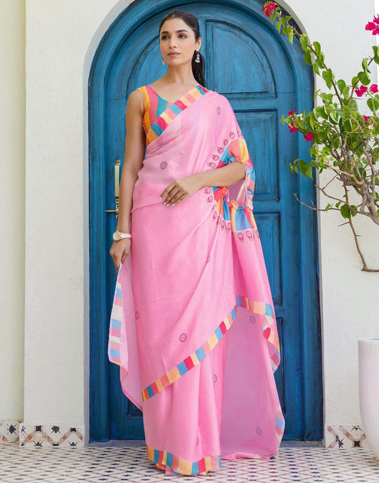 Baby Pink Saree with Multicolor Striped Border and Small Motifs