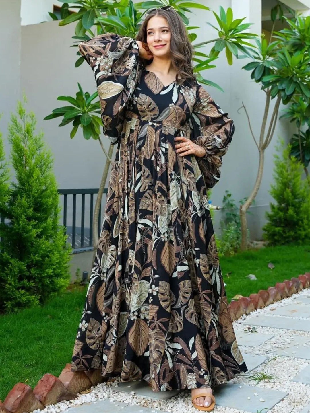 Black Leaf Print Maxi Dress – Elegant Flared Gown with Bell Sleeves for Women