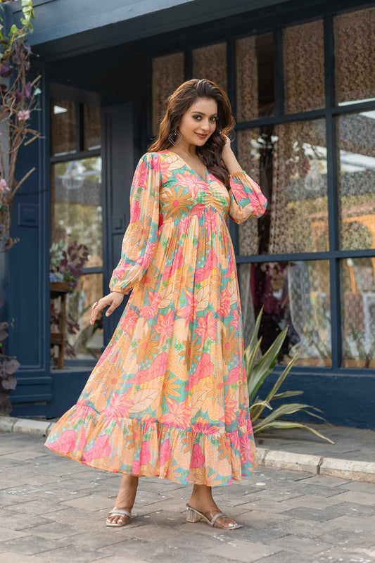 Bohemian Floral Print Long Sleeve Tiered Maxi Dress