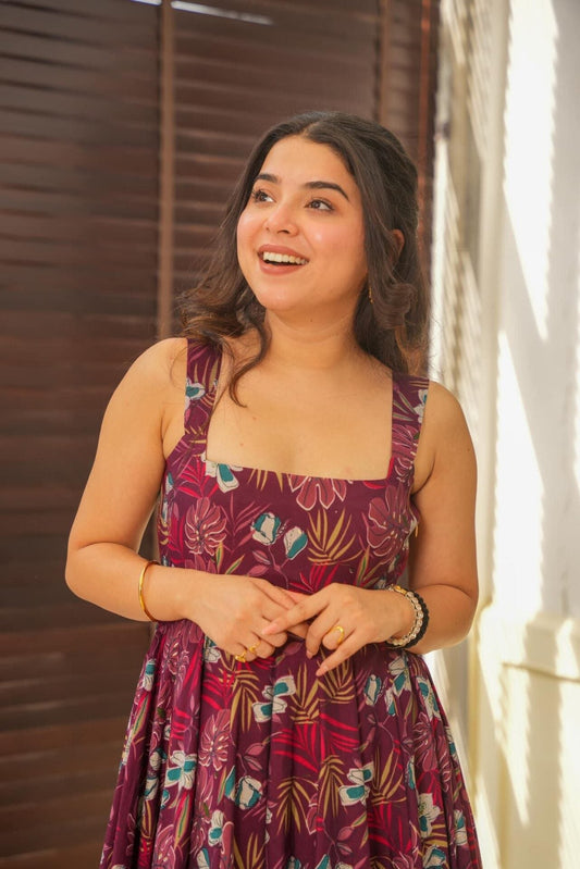 Bohemian Maroon Floral Maxi Dress for Women