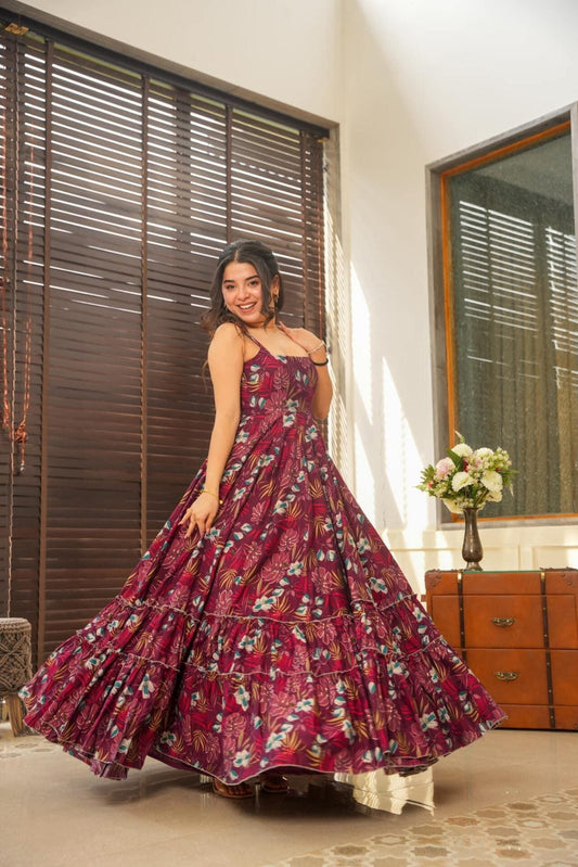 Bohemian Maroon Floral Maxi Dress for Women