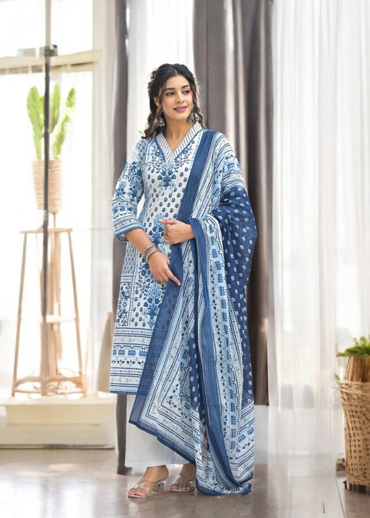 Blue and White Printed Cotton Suit with Dupatta