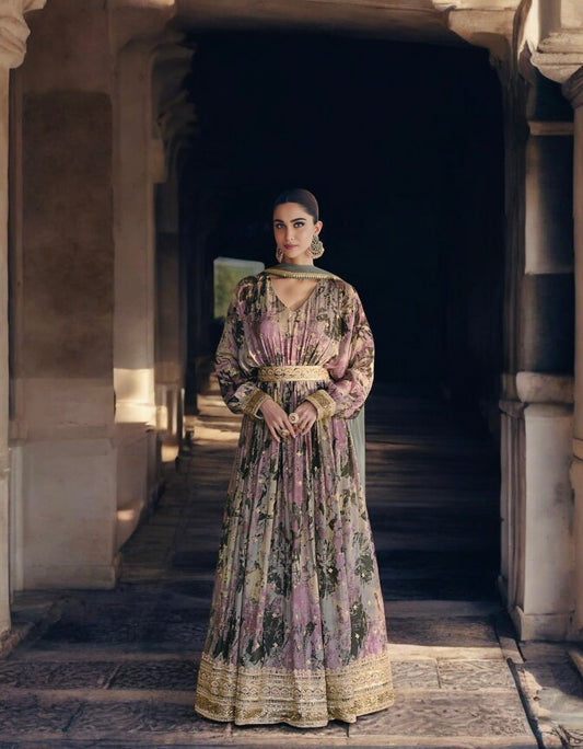 Exquisite Floral Anarkali Gown with Gold Embroidery and Dupatta