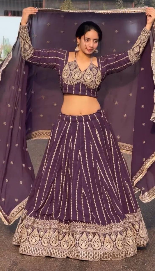 Dark Purple Embroidered Lehenga Choli Set with Gold Work