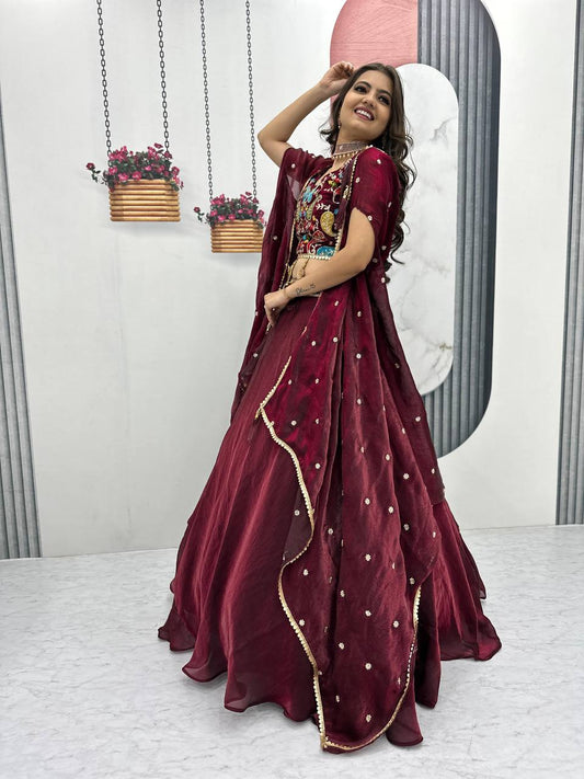 Elegant Maroon Color Embroidered Lehenga Choli with Short Jacket