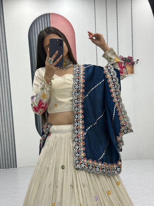 Off-White Lehenga Choli with Colorful Elephant Embroidery and Blue Dupatta