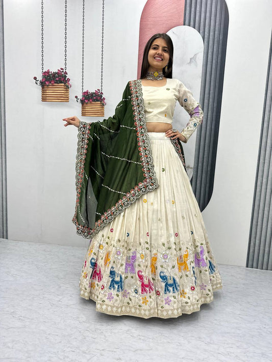 Off-White Lehenga Choli with Colorful Elephant Embroidery and Dark Green Dupatta