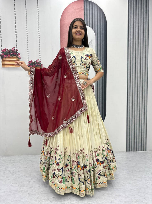 Off-White Embroidered Lehenga Choli with Colorful Butterfly & Floral Work