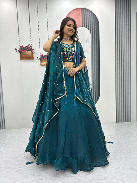 Peacock Color Embroidered Lehenga Choli with Matching Cape
