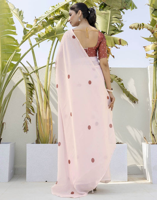 Baby Pink Kaftan Saree with Red Polka Dots and Printed Neck