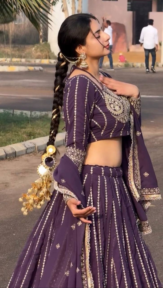 Dark Purple Embroidered Lehenga Choli Set with Gold Work