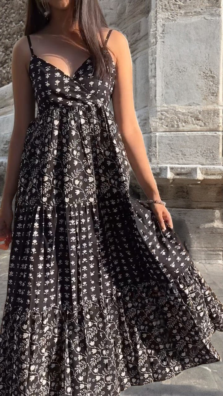 Black and White Floral Print High-Low Maxi Dress