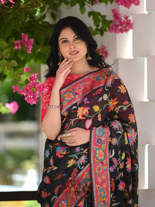 Black Kashmiri Floral Woven Silk Saree with Red Blouse – Premium Festive & Wedding Wear