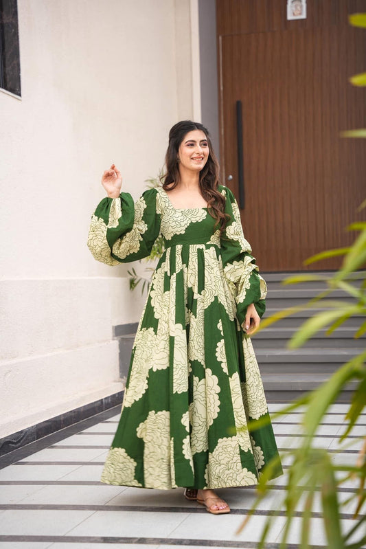 Green Floral Print Long Frock with Umbrella Sleeves