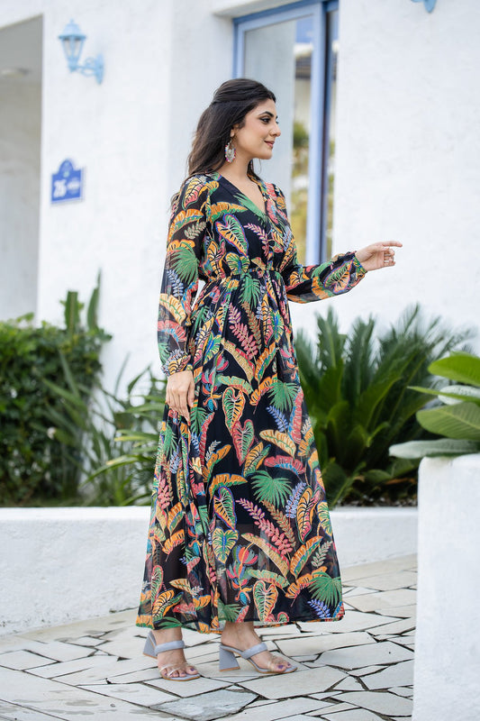 Tropical Leaf Print Long Sleeve Viscose Maxi Gown