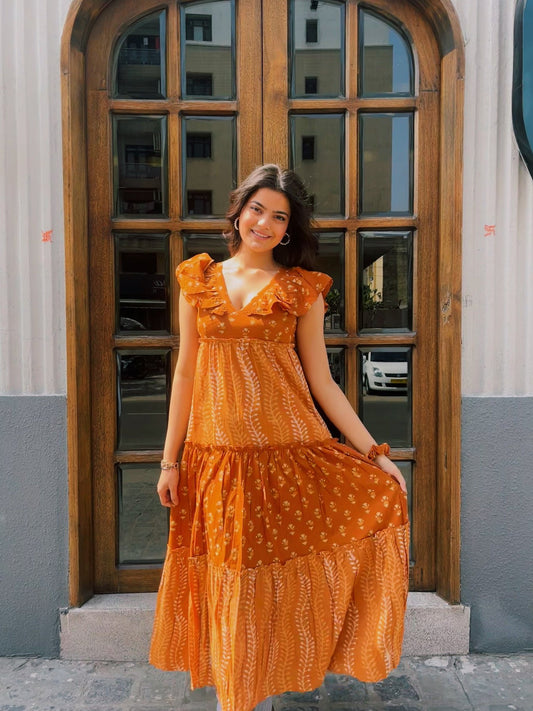 Trendy Orange and White Patterned Sleeveless Summer Dress