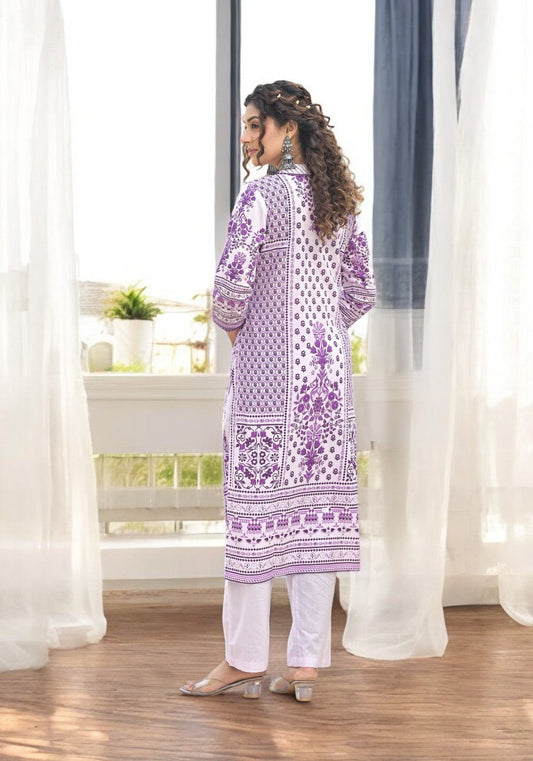 Purple and White Printed Cotton Suit with Dupatta