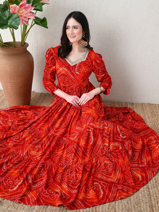 Red Bandhani Print Tiered Maxi Dress with Sleeves