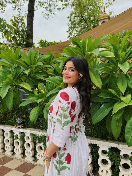 White Cotton Maxi Dress with Red Floral Print and Sleeves