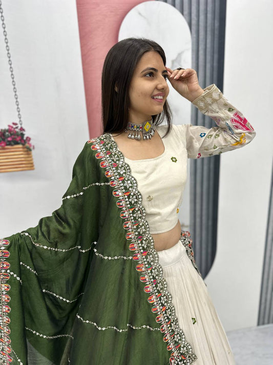 Off-White Lehenga Choli with Colorful Elephant Embroidery and Dark Green Dupatta