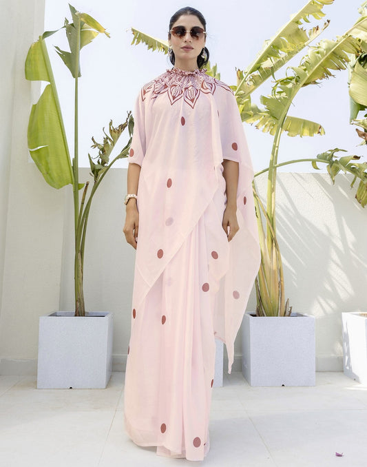 Baby Pink Kaftan Saree with Red Polka Dots and Printed Neck