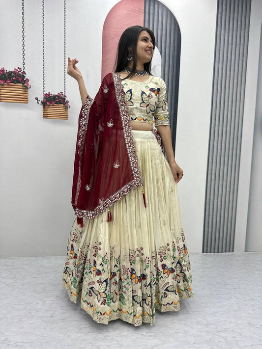 Off-White Embroidered Lehenga Choli with Colorful Butterfly & Floral Work